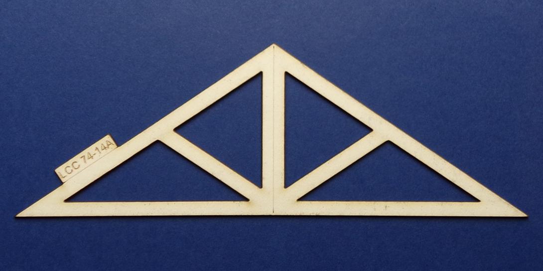 LCC 74-14A O gauge industrial roof support type 2 Roof support structure. Contains marked line in the middle to aid splitting for low relief buildings.

